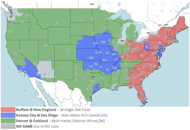 Illustration for article titled Which TV Market's Getting Screwed Today? Your Week 17 NFL Viewing Maps